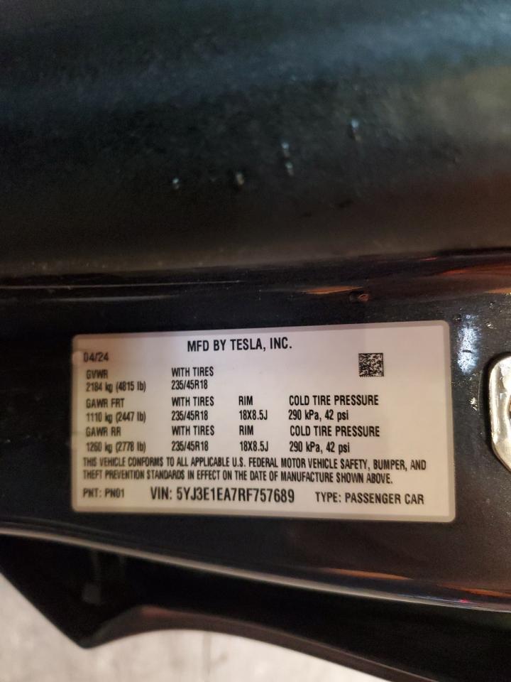 2024 Tesla Model 3 VIN: 5YJ3E1EA7RF757689 Lot: 93544005
