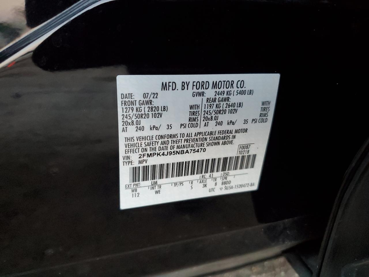 2022 Ford Edge Sel VIN: 2FMPK4J95NBA75470 Lot: 90591145