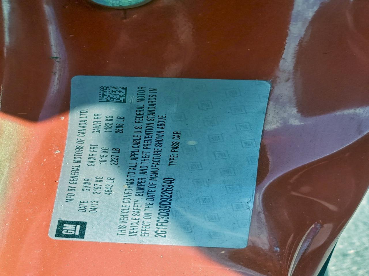 2013 Chevrolet Camaro Lt VIN: 2G1FC3D39D9226940 Lot: 94079765