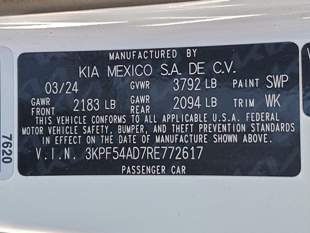 2024 Kia Forte Gt Line VIN: 3KPF54AD7RE772617 Lot: 94353975
