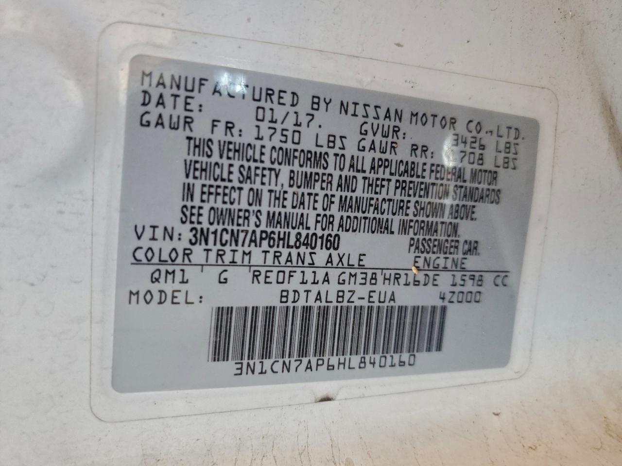 2017 Nissan Versa S VIN: 3N1CN7AP6HL840160 Lot: 93923055