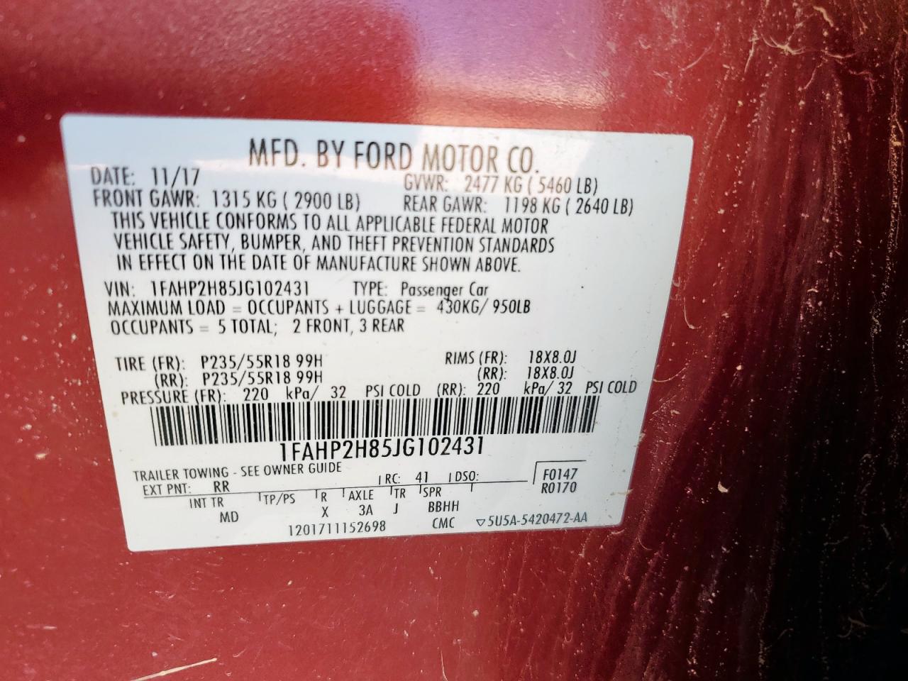 2018 Ford Taurus Sel VIN: 1FAHP2H85JG102431 Lot: 92091305