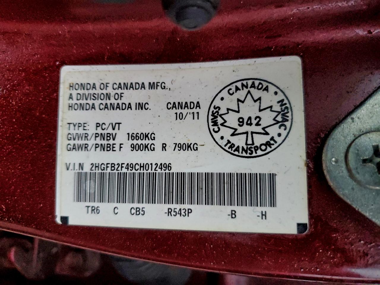 2012 Honda Civic Lx VIN: 2HGFB2F49CH012496 Lot: 93724585