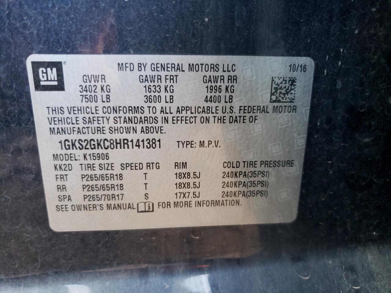 2017 GMC Yukon Xl K1500 Slt VIN: 1GKS2GKC8HR141381 Lot: 90906055