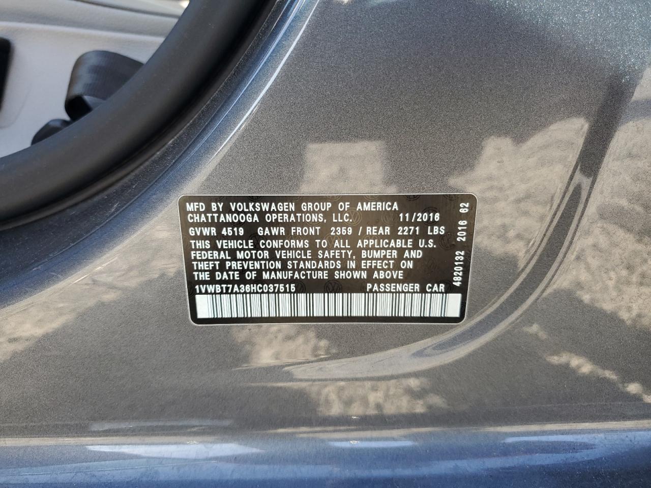 2017 Volkswagen Passat Se VIN: 1VWBT7A36HC037515 Lot: 92909815