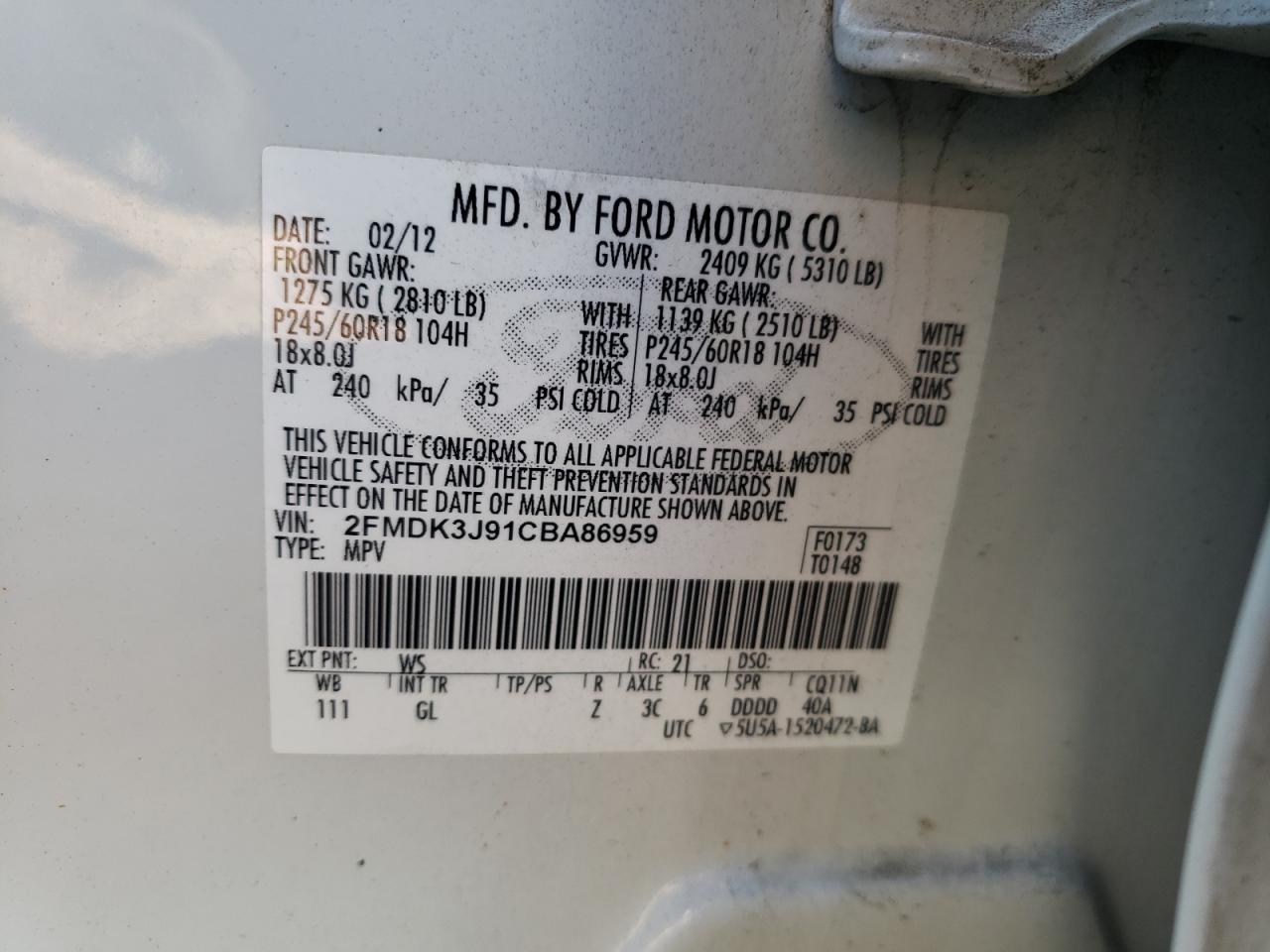 2012 Ford Edge Sel VIN: 2FMDK3J91CBA86959 Lot: 92192375