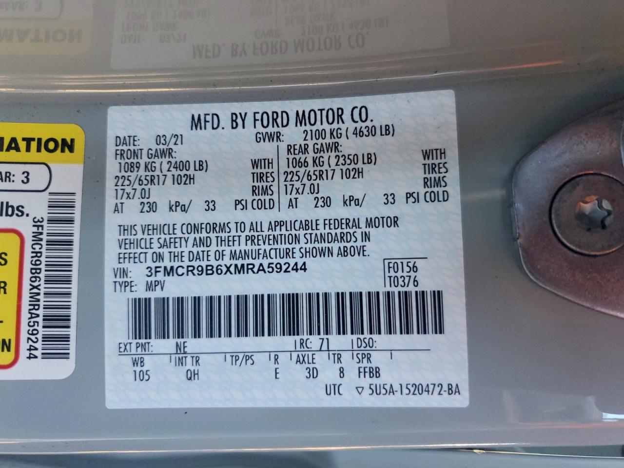 2021 Ford Bronco Sport Big Bend VIN: 3FMCR9B6XMRA59244 Lot: 93952655