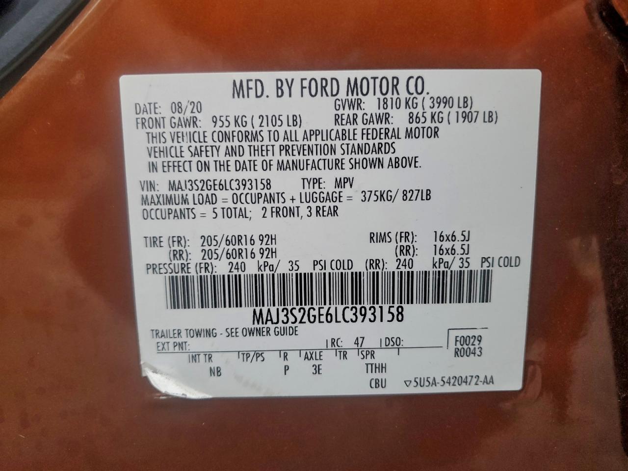 2020 Ford Ecosport Se VIN: MAJ3S2GE6LC393158 Lot: 93888685