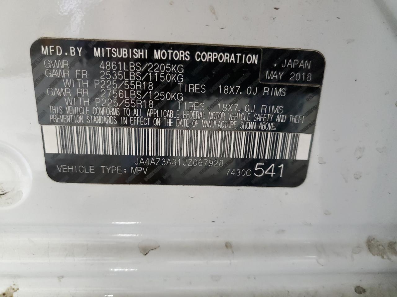 2018 Mitsubishi Outlander Se VIN: JA4AZ3A31JZ067928 Lot: 92606135