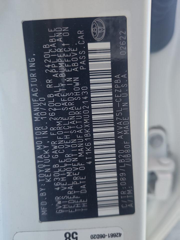 2021 Toyota Camry Xse VIN: 4T1K61BKXMU021430 Lot: 91221585