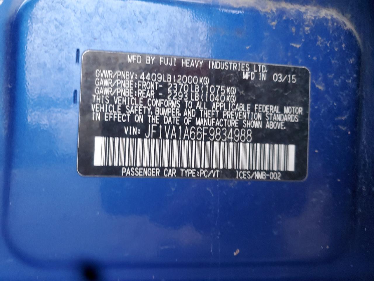 2015 Subaru Wrx VIN: JF1VA1A66F9834988 Lot: 93244845