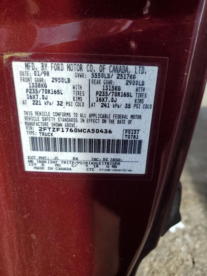1998 Ford F150 VIN: 2FTZF1760WCA50436 Lot: 92739995