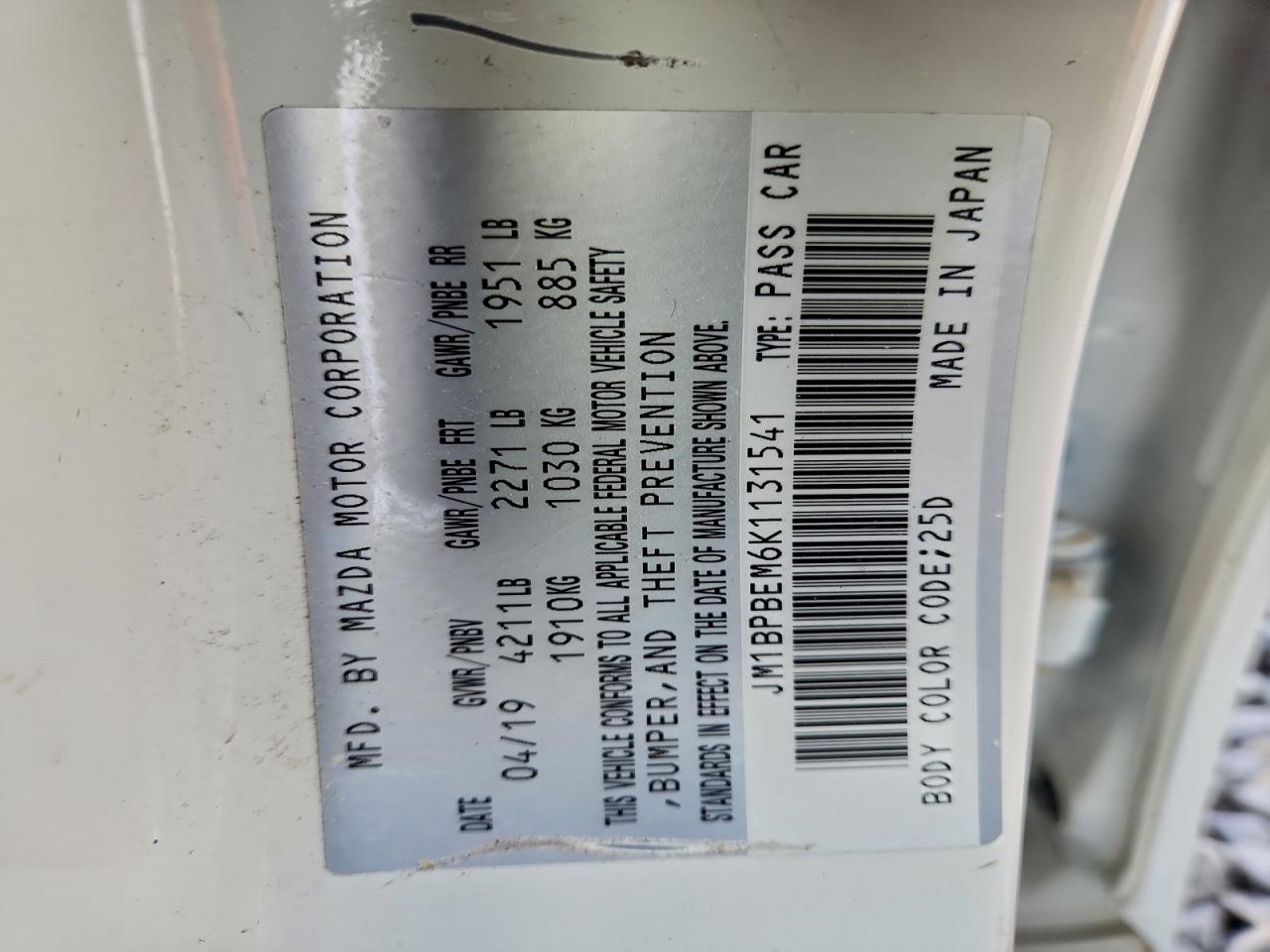 2019 Mazda 3 Premium VIN: JM1BPBEM6K1131541 Lot: 93911355