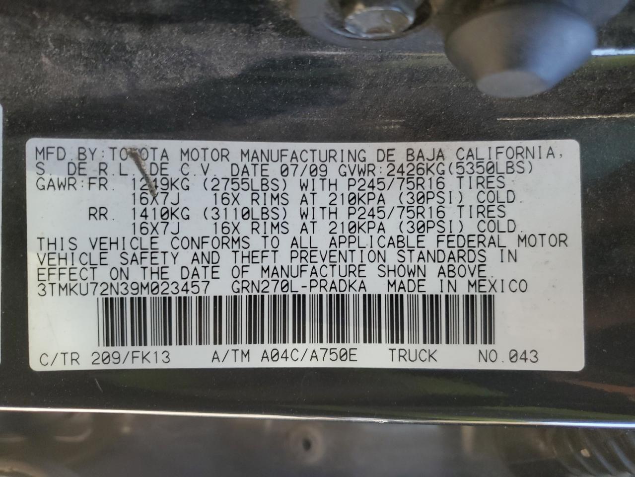 2009 Toyota Tacoma Double Cab Prerunner Long Bed VIN: 3TMKU72N39M023457 Lot: 92347965