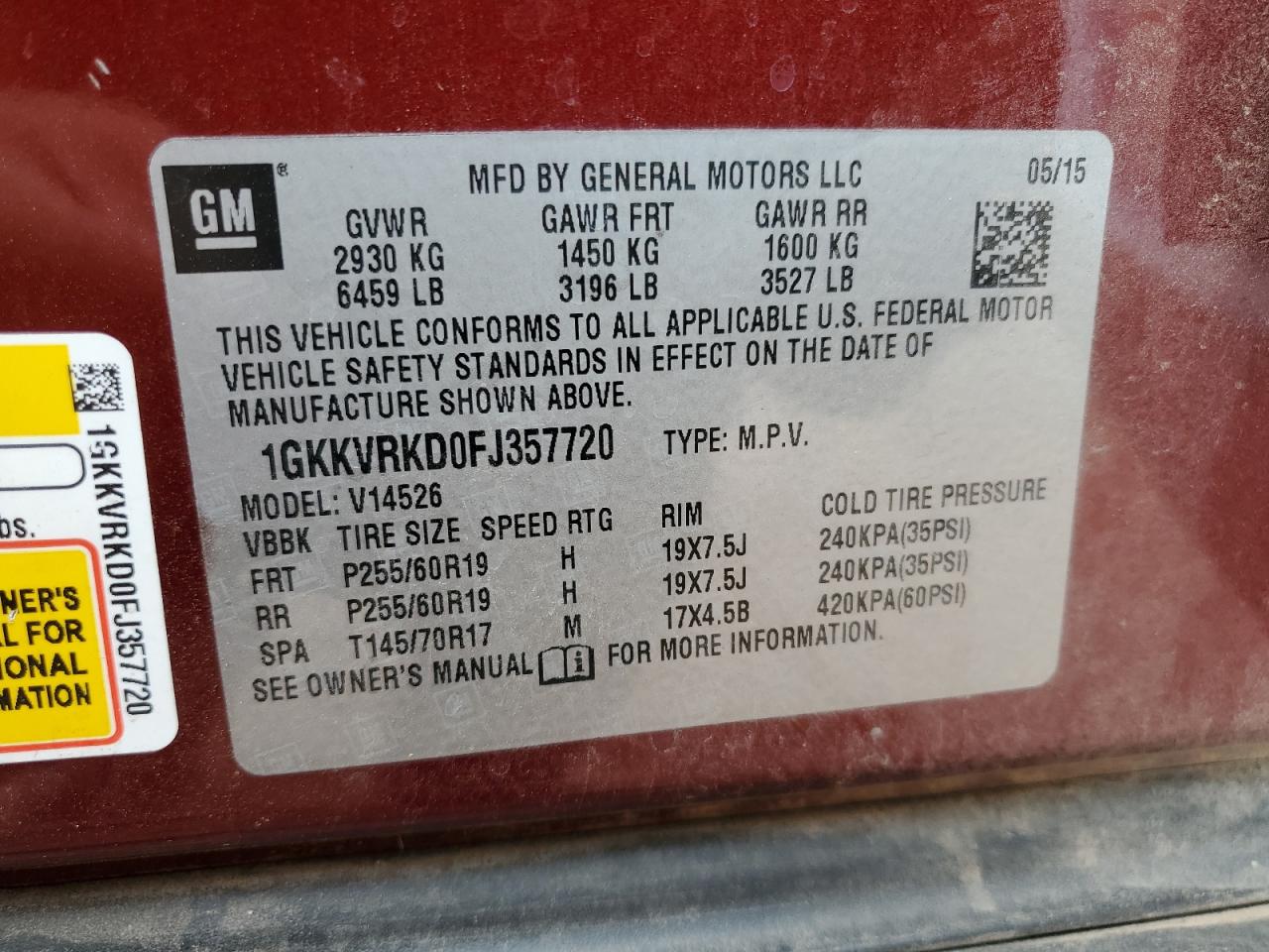 2015 GMC Acadia Slt-1 VIN: 1GKKVRKD0FJ357720 Lot: 91071155