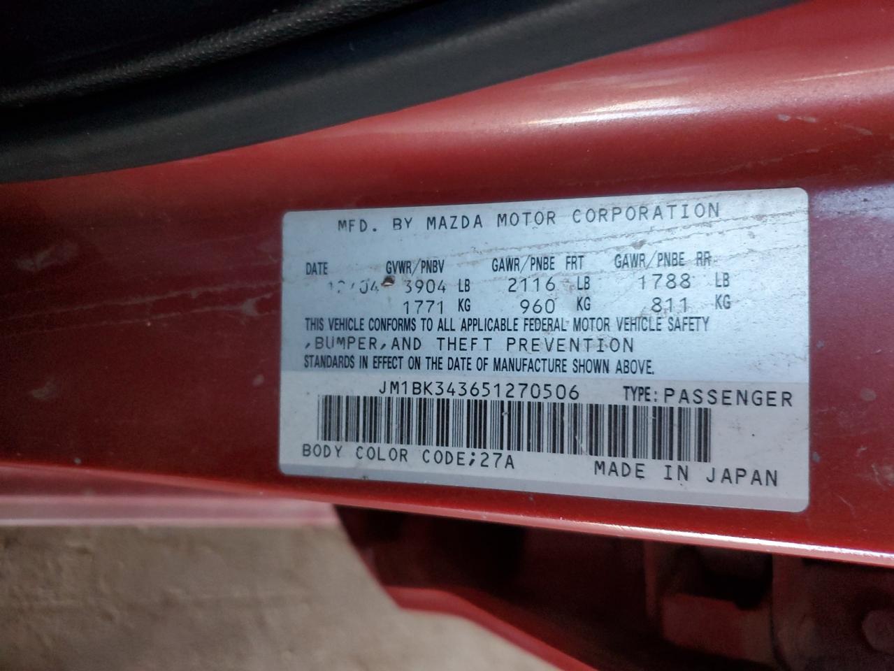 2005 Mazda 3 Hatchback VIN: JM1BK343651270506 Lot: 93029895