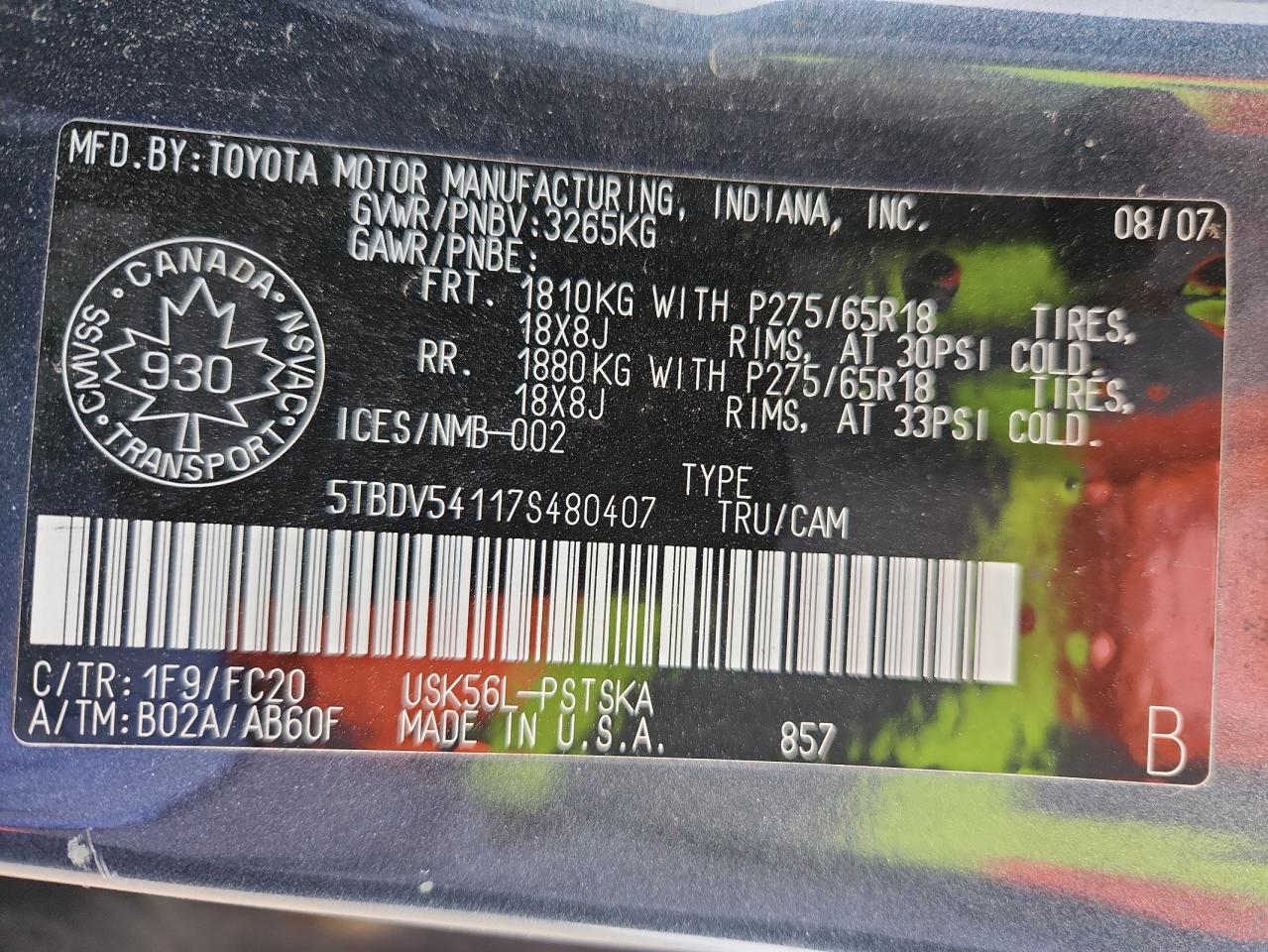 2007 Toyota Tundra Crewmax Sr5 VIN: 5TBDV54117S480407 Lot: 90431145