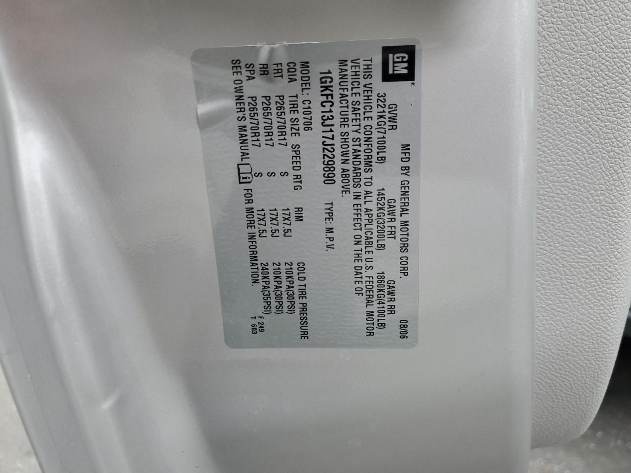 2007 GMC Yukon VIN: 1GKFC13J17J229890 Lot: 93773315