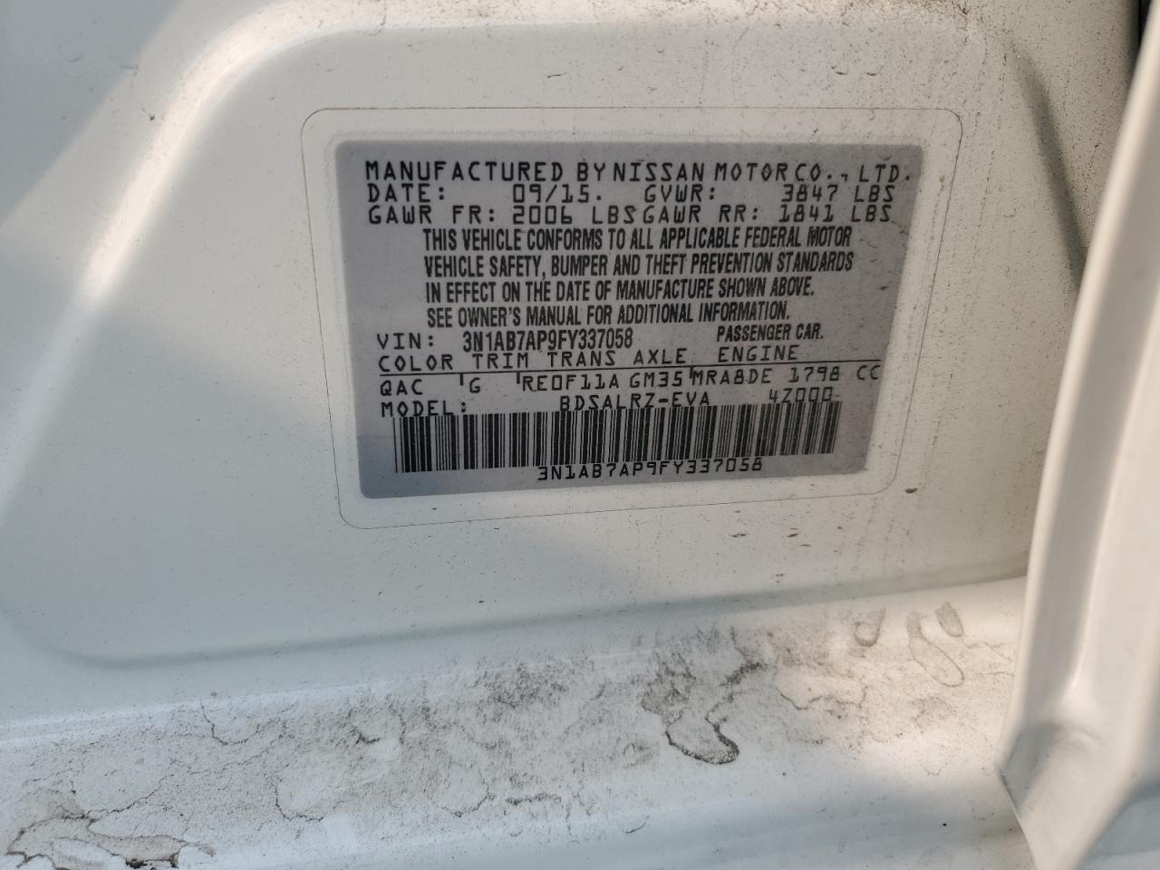 2015 Nissan Sentra S VIN: 3N1AB7AP9FY337058 Lot: 92253835