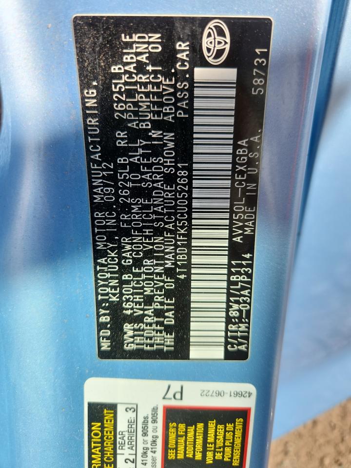 2012 Toyota Camry Hybrid VIN: 4T1BD1FK5CU052681 Lot: 92481725