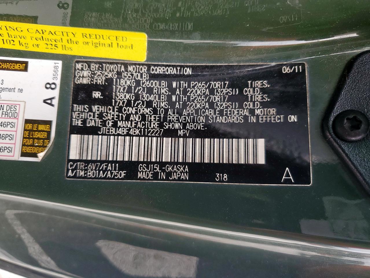 2011 Toyota Fj Cruiser VIN: JTEBU4BF4BK112227 Lot: 93094295