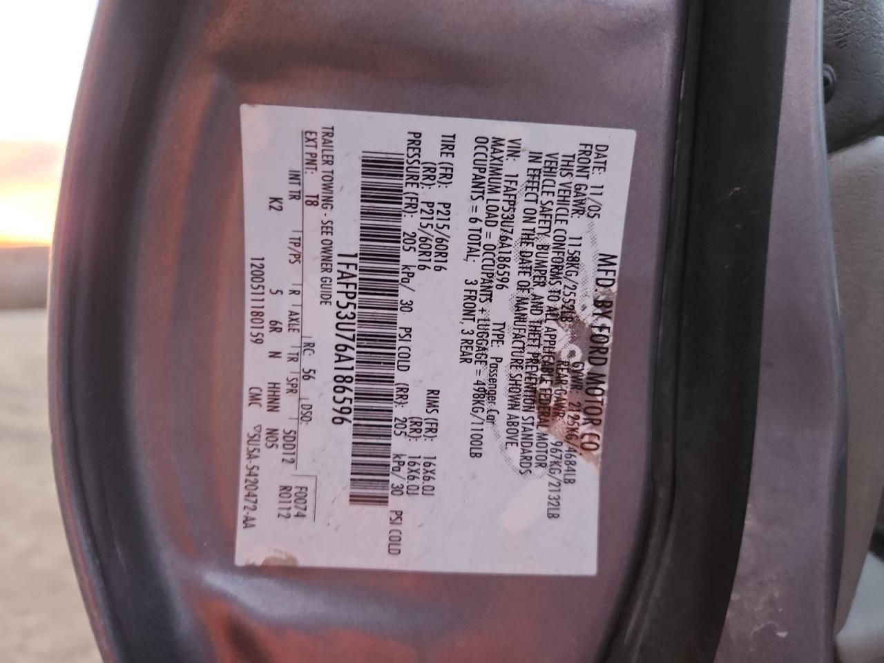 2006 Ford Taurus Se VIN: 1FAFP53U76A186596 Lot: 91660975