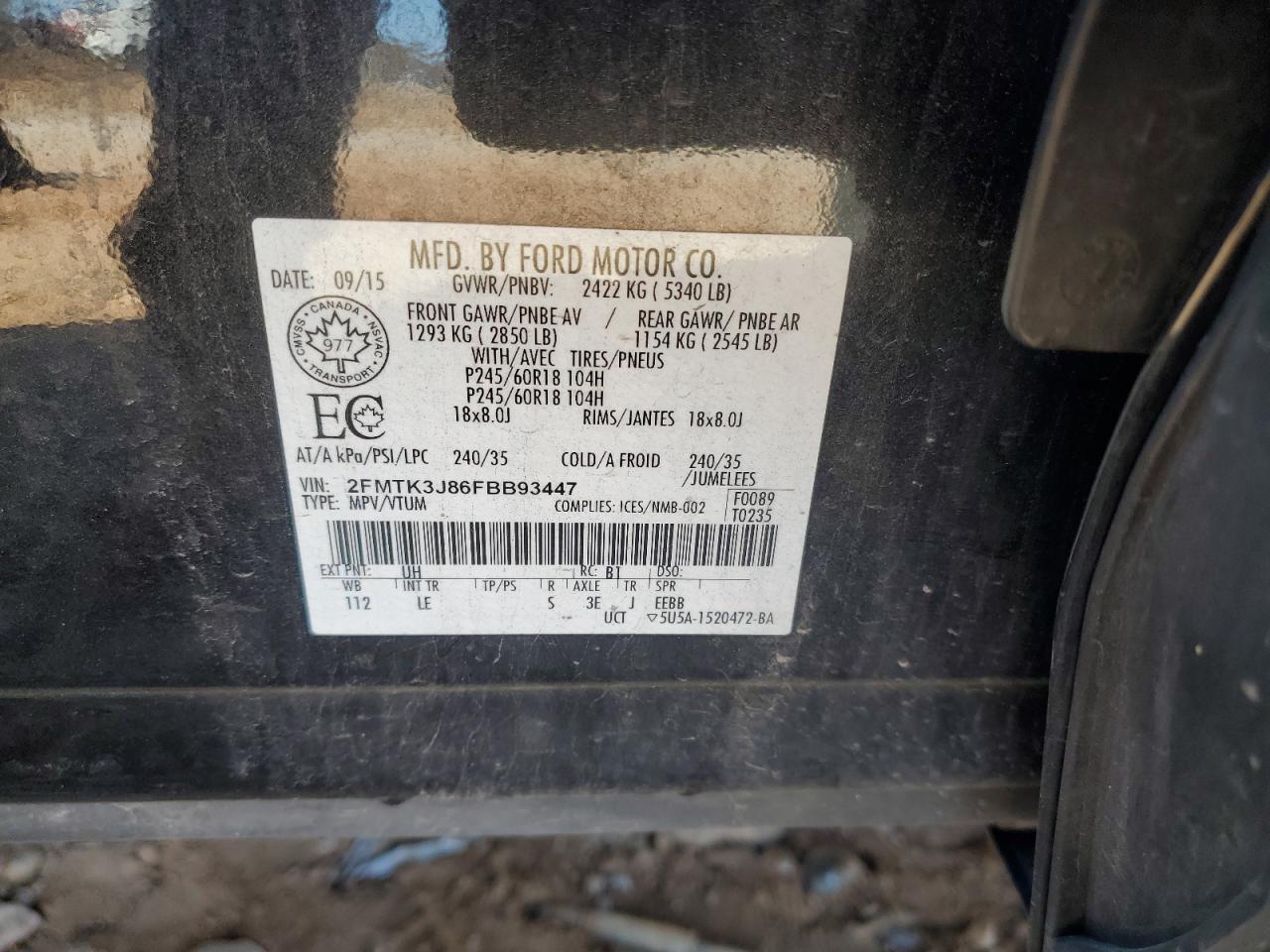 2015 Ford Edge Sel VIN: 2FMTK3J86FBB93447 Lot: 92264785