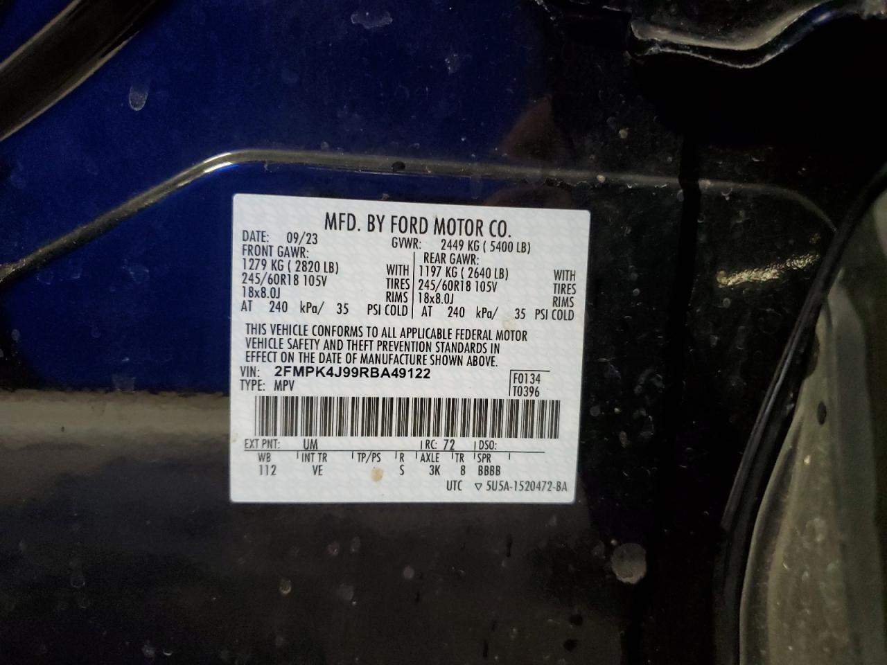 2024 Ford Edge Sel VIN: 2FMPK4J99RBA49122 Lot: 91882075