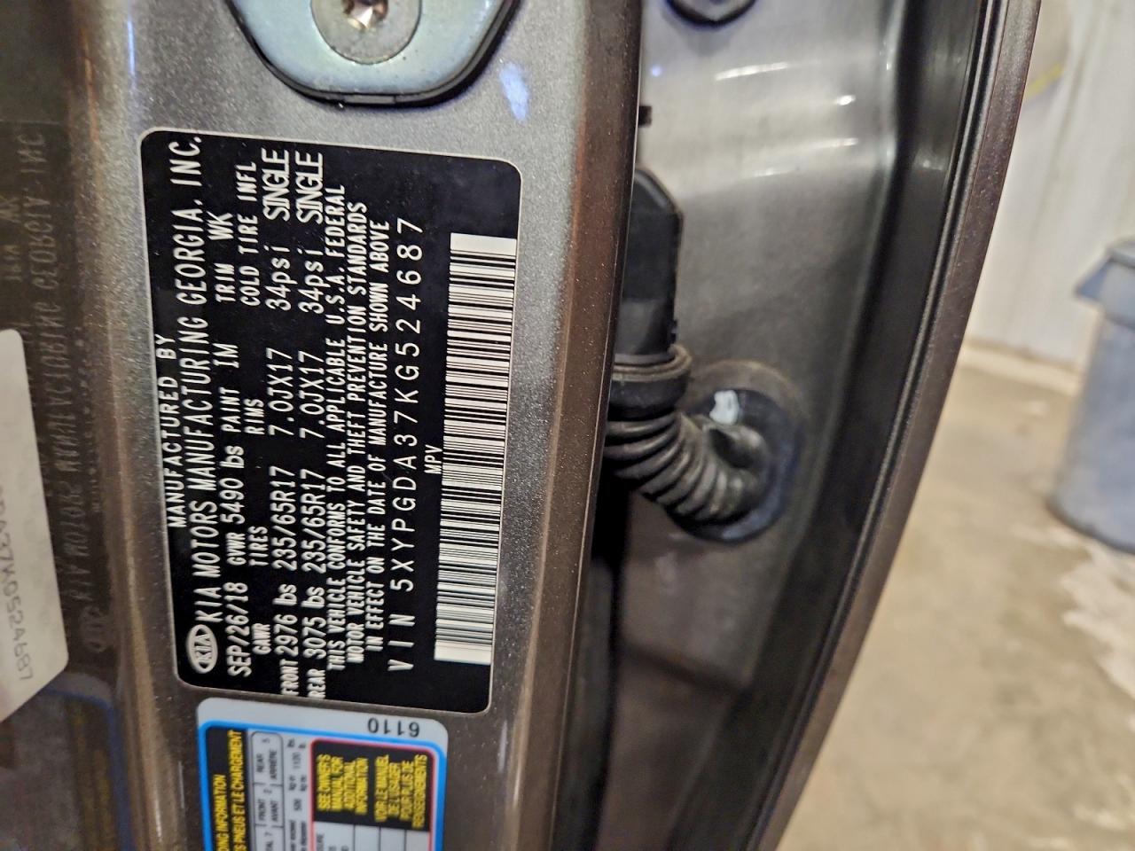 2019 Kia Sorento L VIN: 5XYPGDA37KG524687 Lot: 94193895