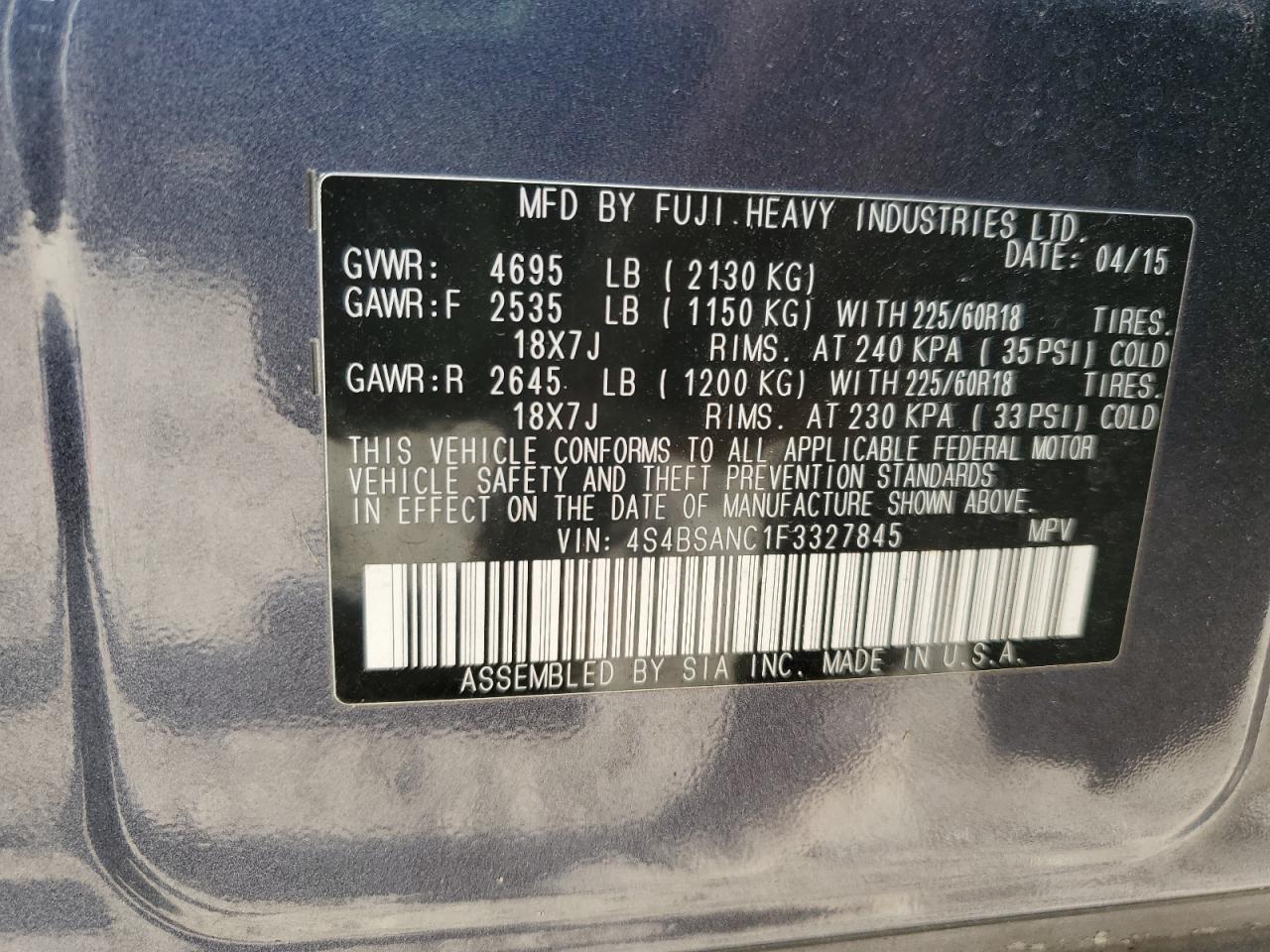 2015 Subaru Outback 2.5I Limited VIN: 4S4BSANC1F3327845 Lot: 91984745