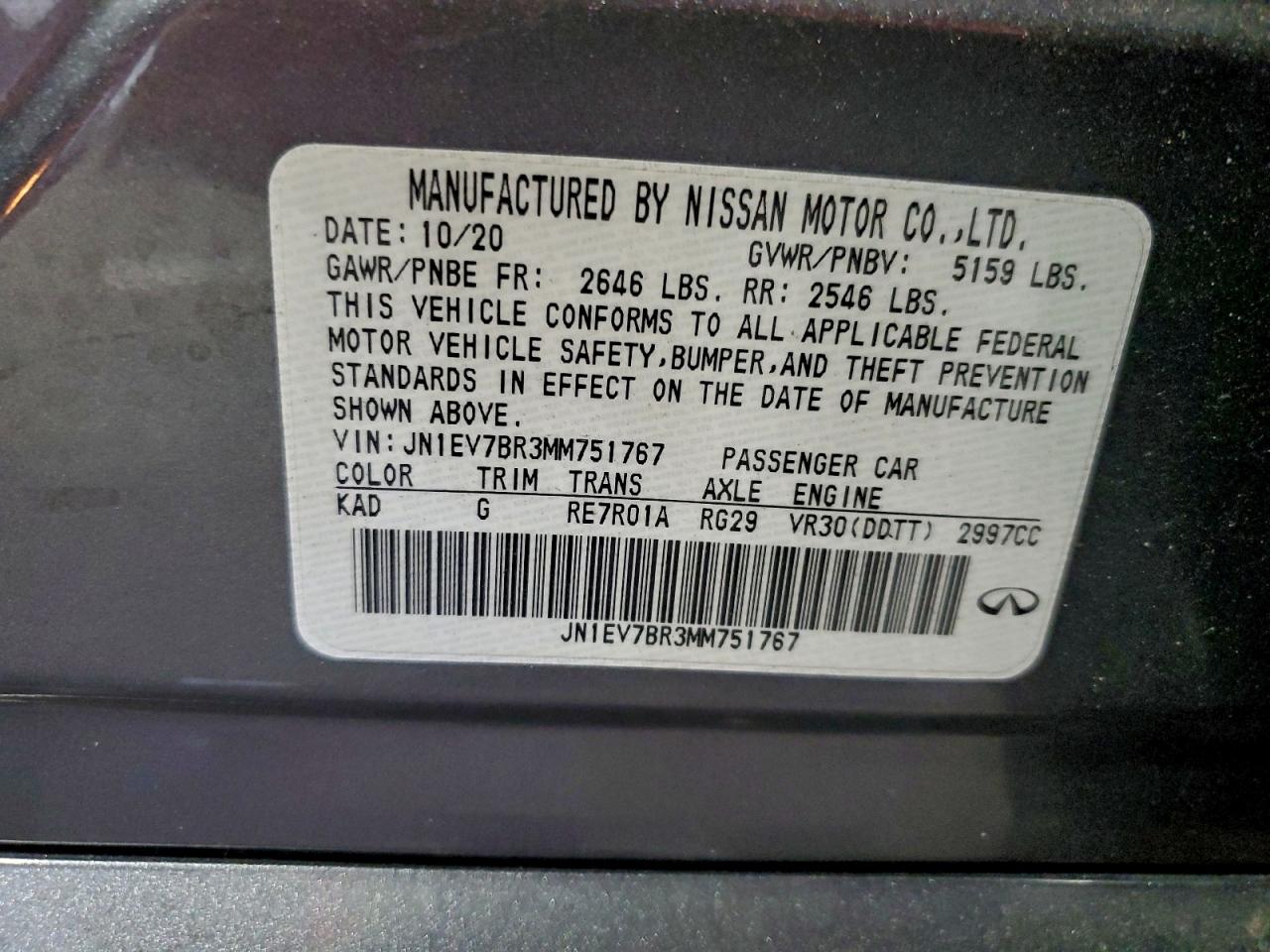 2021 Infiniti Q50 Luxe VIN: JN1EV7BR3MM751767 Lot: 94471505