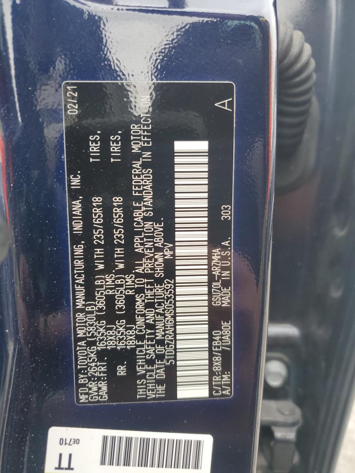 2021 Toyota Highlander Xle VIN: 5TDGZRAH6MS053592 Lot: 93551845