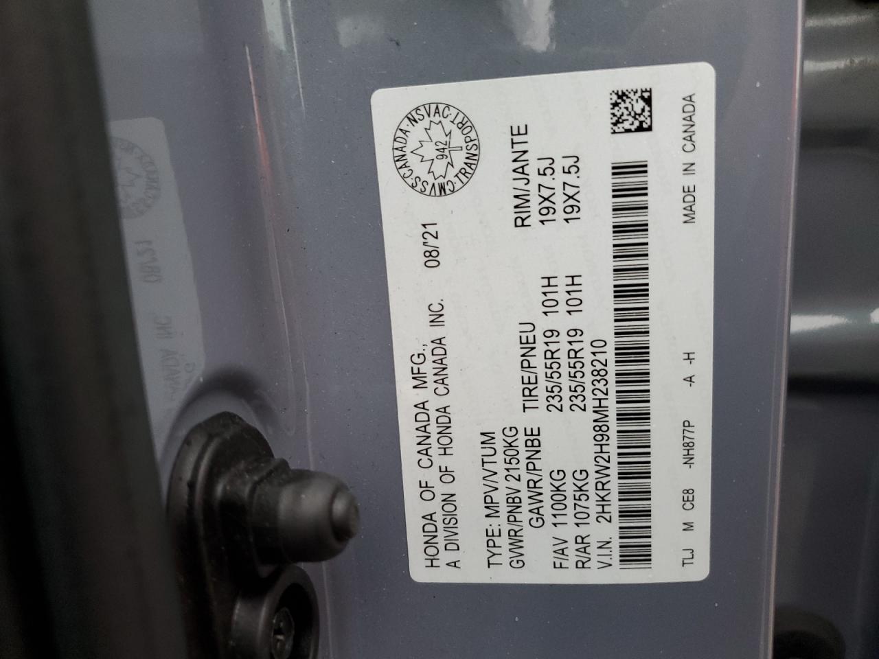 2021 Honda Cr-V Touring VIN: 2HKRW2H98MH238210 Lot: 90408285