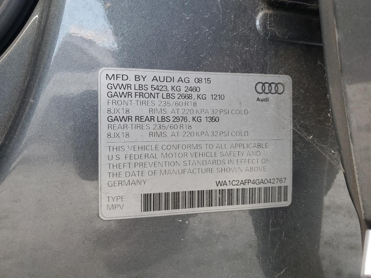 2016 Audi Q5 Premium VIN: WA1C2AFP4GA042767 Lot: 92849605