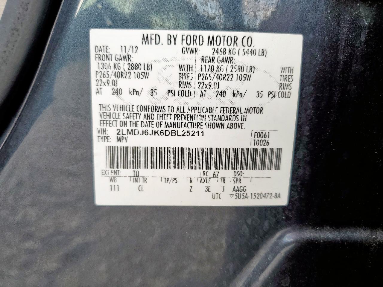 2013 Lincoln Mkx VIN: 2LMDJ6JK6DBL25211 Lot: 92654665