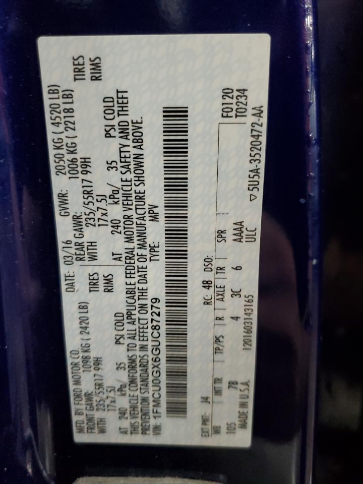 2016 Ford Escape Se VIN: 1FMCU0GX6GUC87279 Lot: 91392125