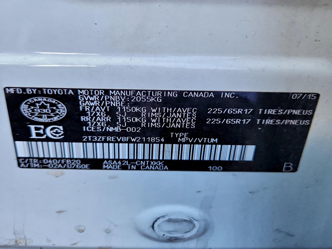 2015 Toyota Rav4 Le VIN: 2T3ZFREV8FW211854 Lot: 92869805