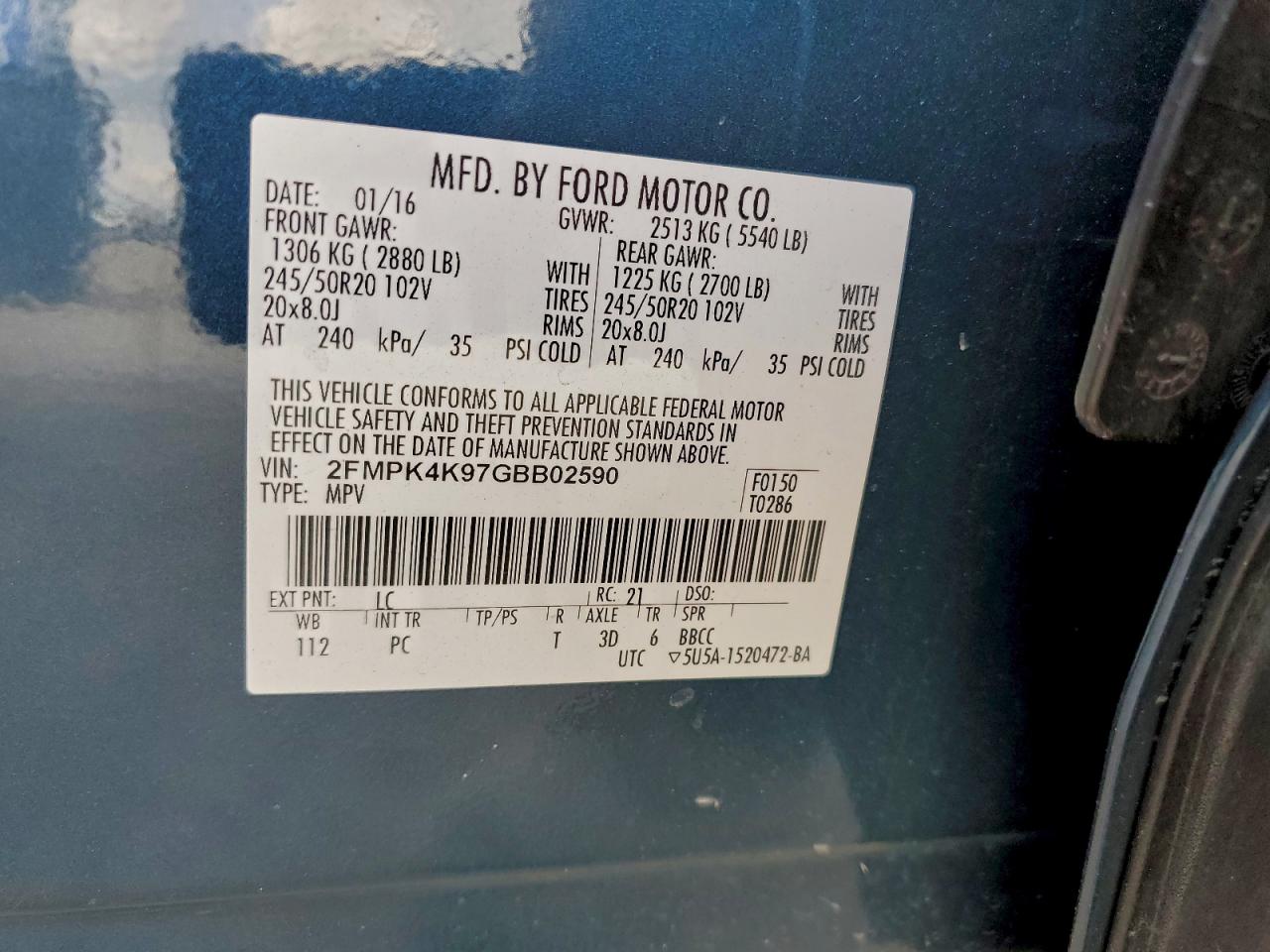 2016 Ford Edge Titanium VIN: 2FMPK4K97GBB02590 Lot: 94193955