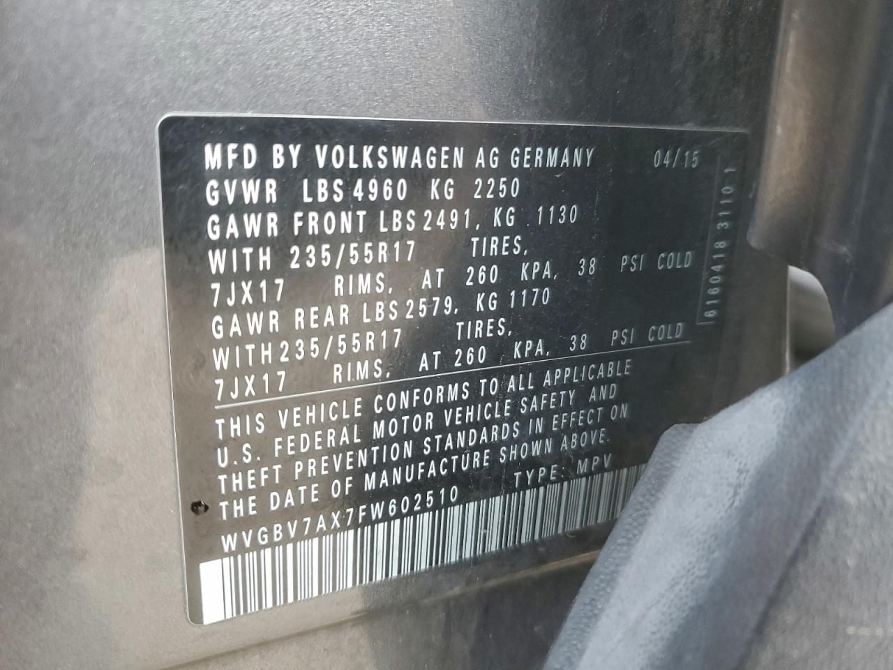 2015 Volkswagen Tiguan S VIN: WVGBV7AX7FW602510 Lot: 92941765