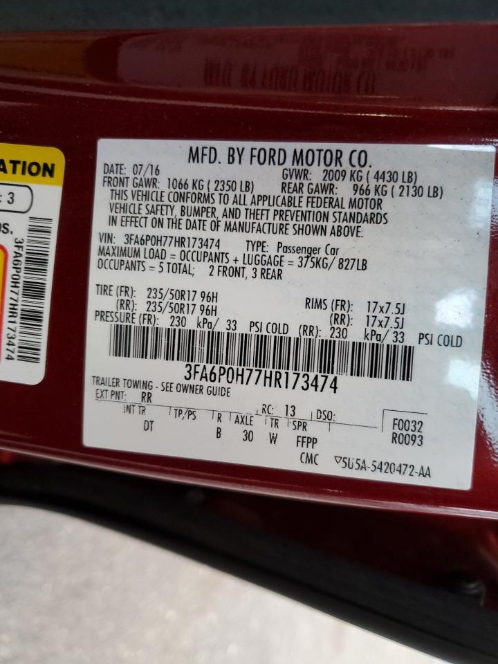 2017 Ford Fusion Se VIN: 3FA6P0H77HR173474 Lot: 92856045