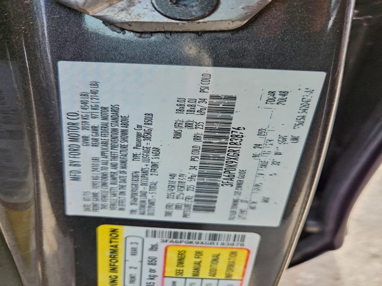 2016 Ford Fusion Titanium VIN: 3FA6P0K9XGR183876 Lot: 94104255