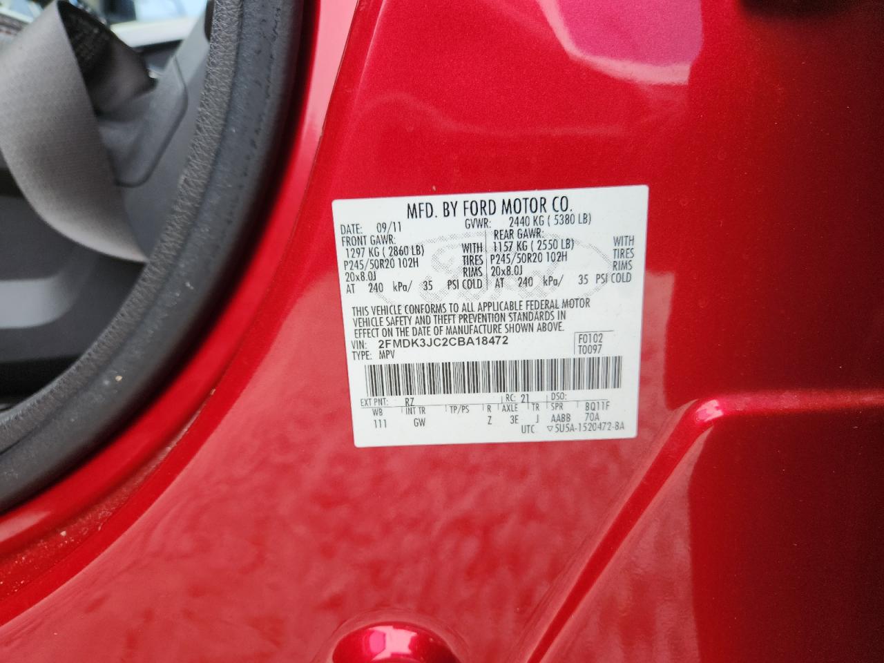 2012 Ford Edge Sel VIN: 2FMDK3JC2CBA18472 Lot: 93245565