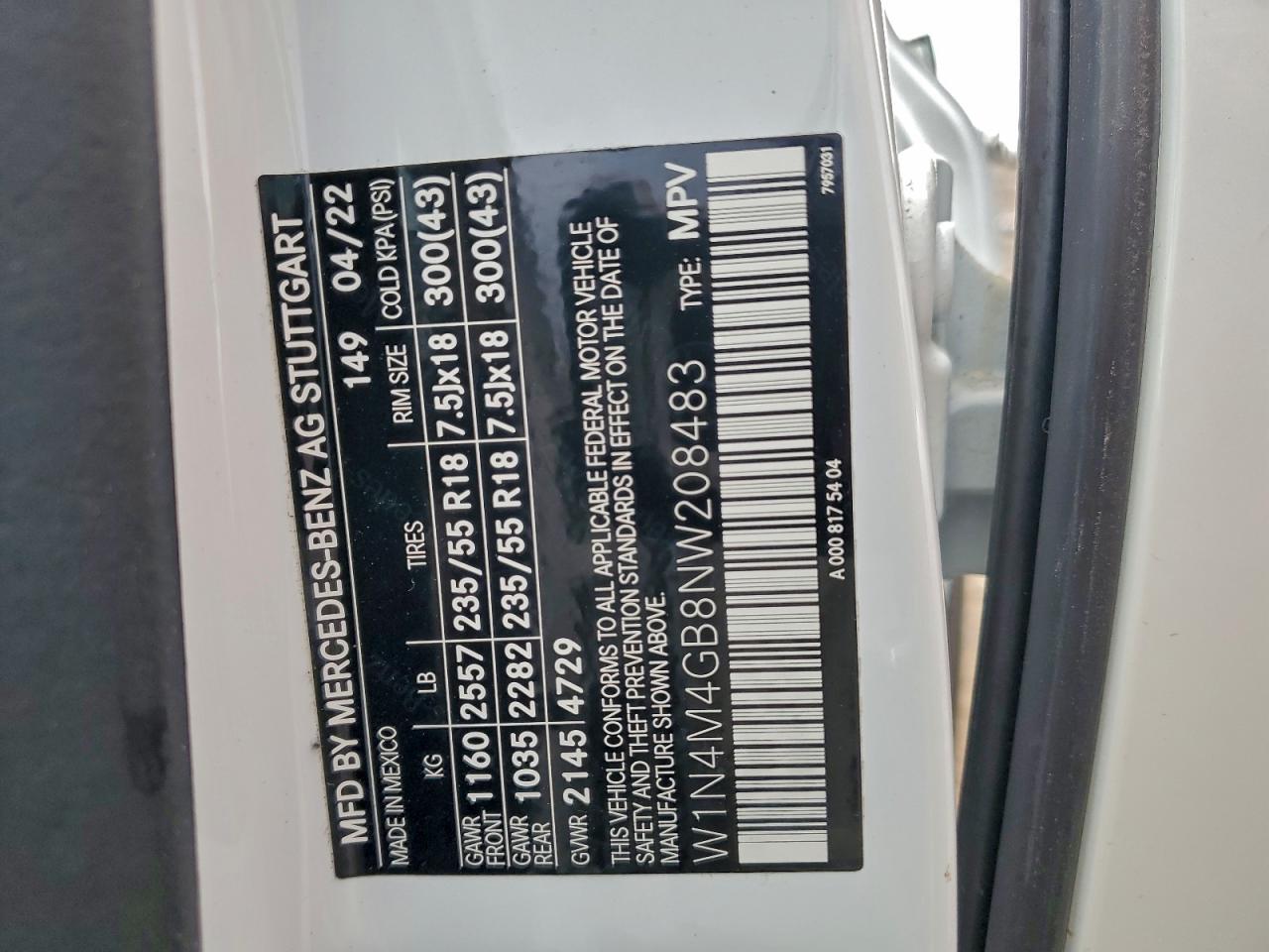 2022 Mercedes-Benz Glb 250 VIN: W1N4M4GB8NW208483 Lot: 93674265