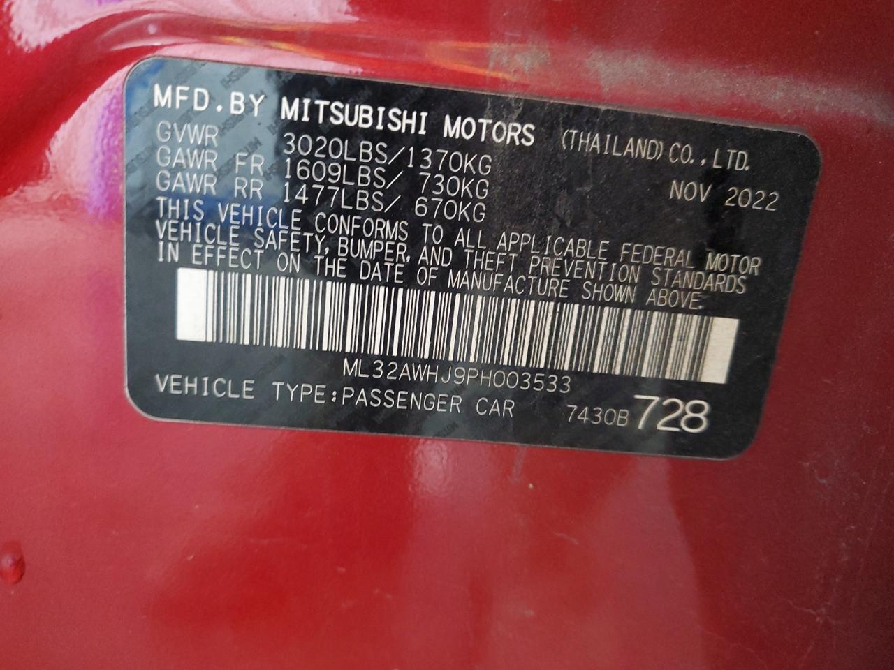 2023 Mitsubishi Mirage Se VIN: ML32AWHJ9PH003533 Lot: 91105095