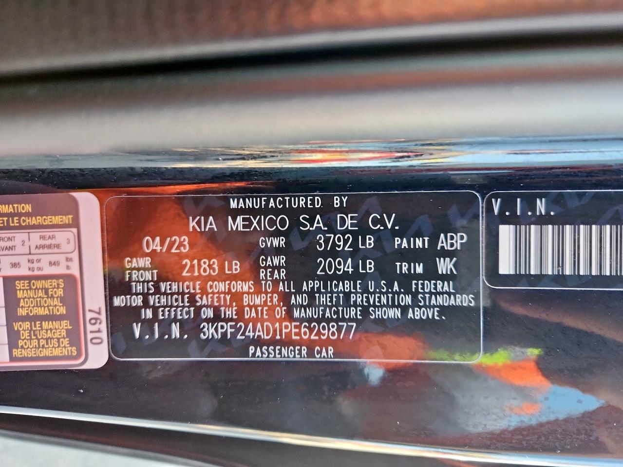 2023 Kia Forte Lx VIN: 3KPF24AD1PE629877 Lot: 91624035