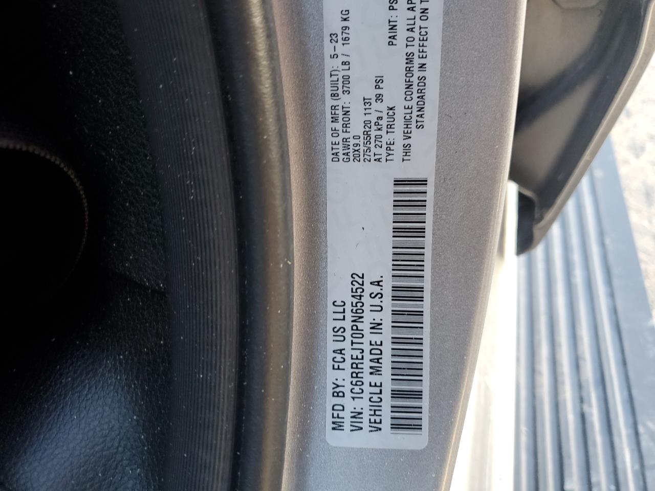 2023 Ram 1500 Laramie VIN: 1C6RREJT0PN654522 Lot: 92486885