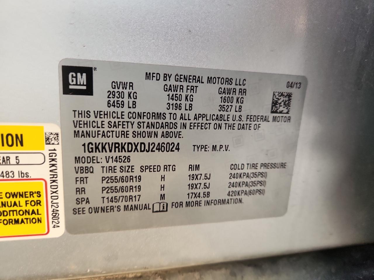 2013 GMC Acadia Slt-1 VIN: 1GKKVRKDXDJ246024 Lot: 92600165