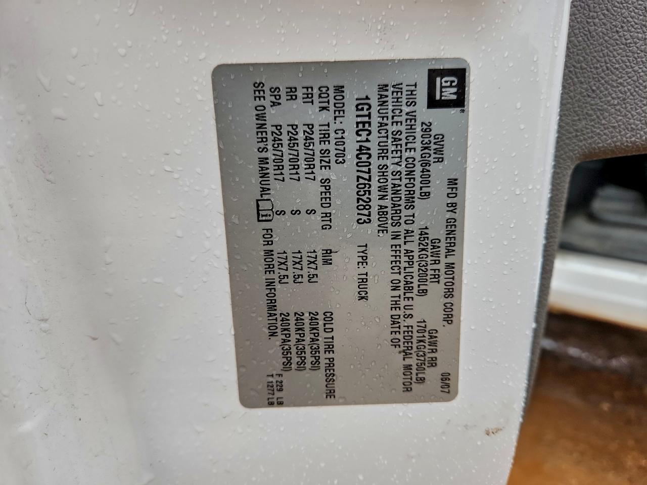 2007 GMC New Sierra C1500 VIN: 1GTEC14C07Z652873 Lot: 93738375