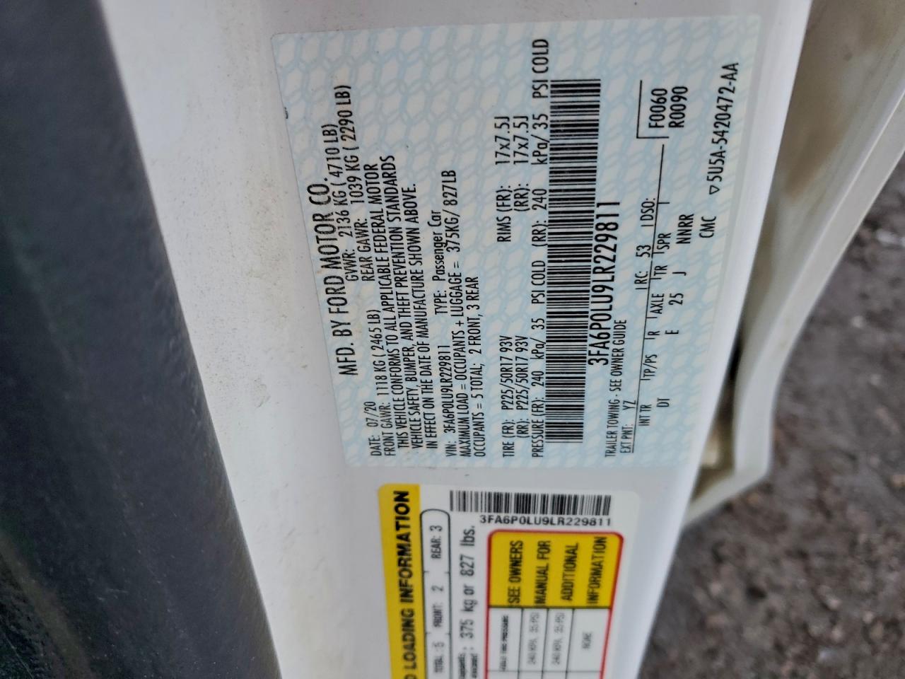 2020 Ford Fusion Se VIN: 3FA6P0LU9LR229811 Lot: 93964805