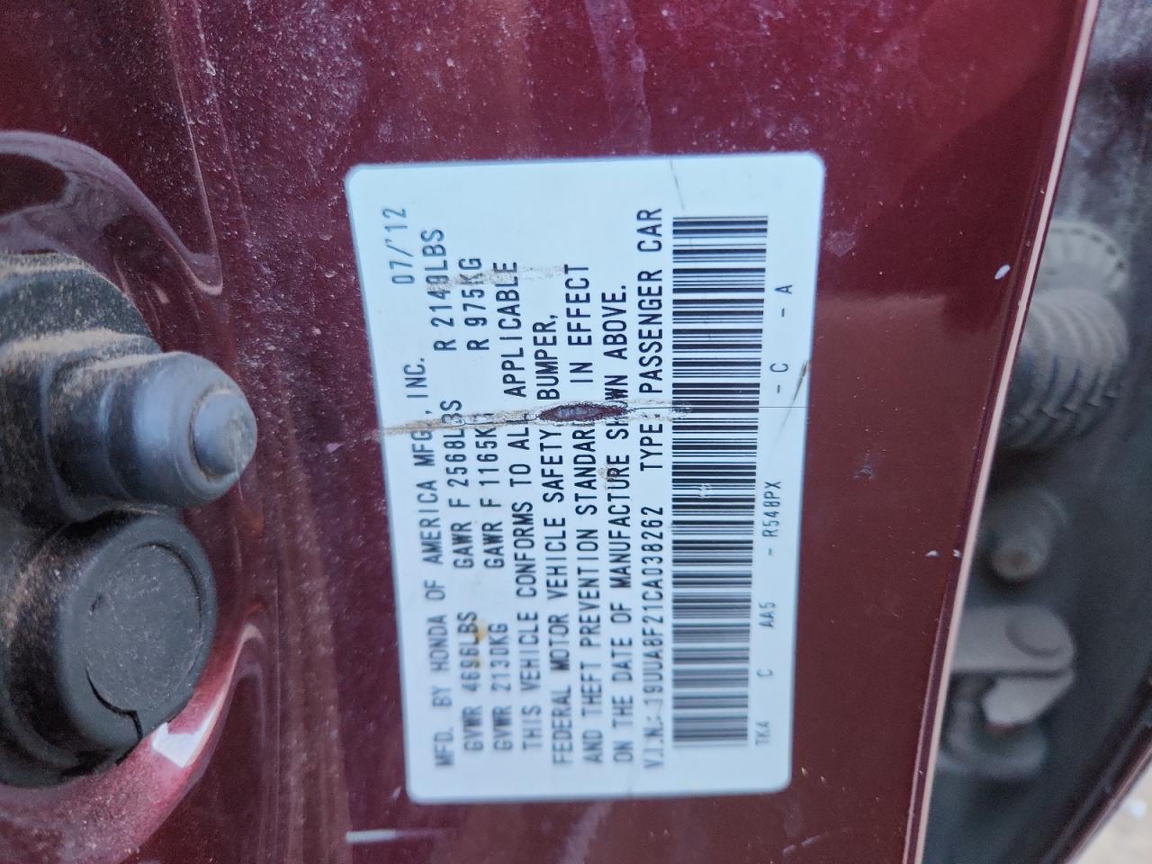 2012 Acura Tl VIN: 19UUA8F21CA038262 Lot: 91656005